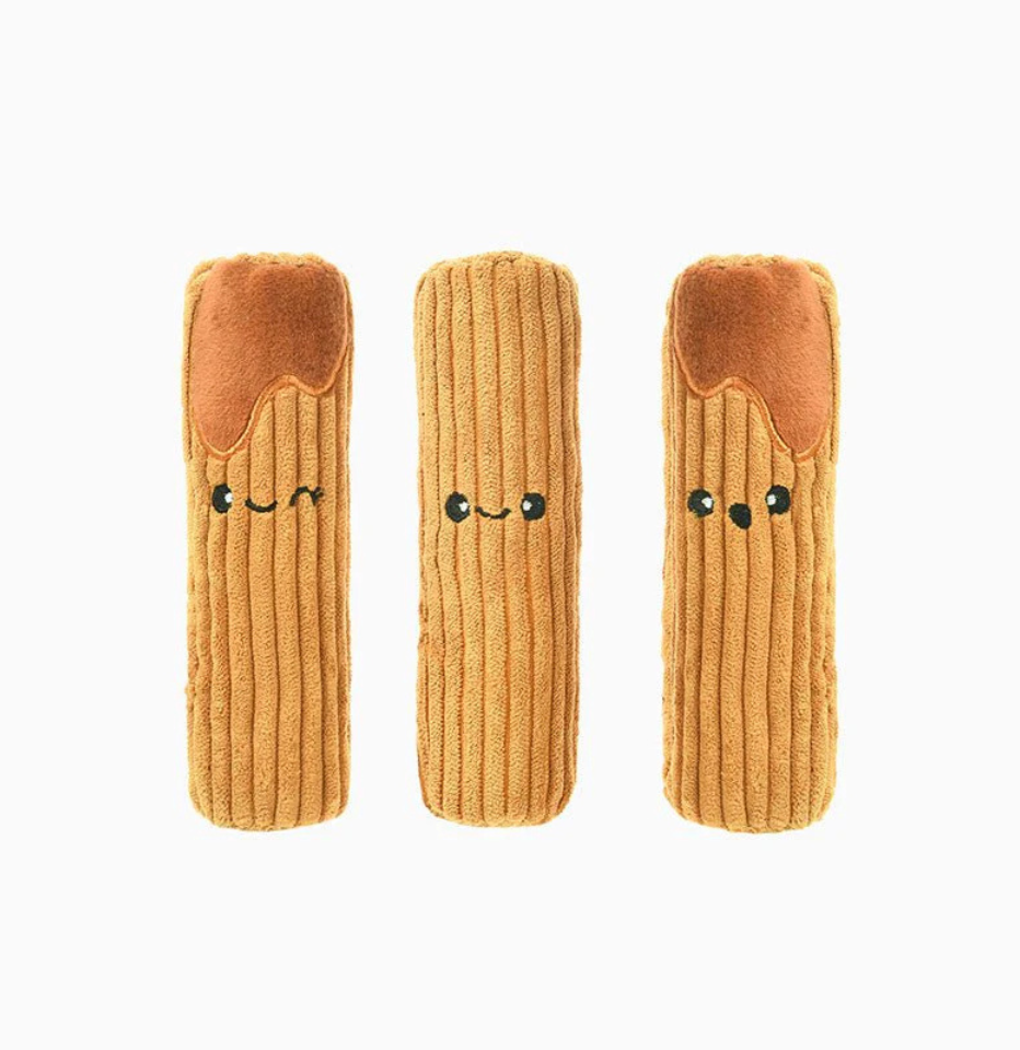 Three plush churros dog toy, part of Hugsmart Food Party Churros Dog Toy