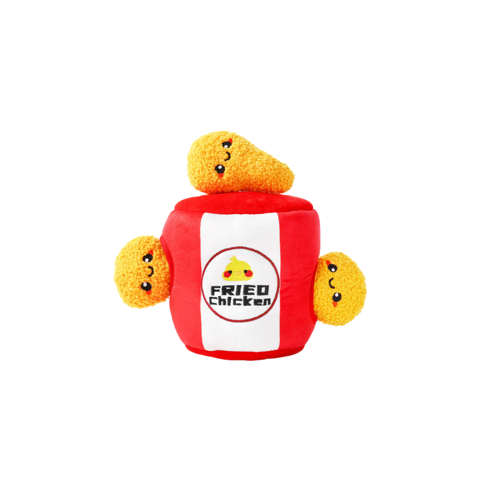 Hugsmart Food Party Fried Chicken Dog Toy on a white background