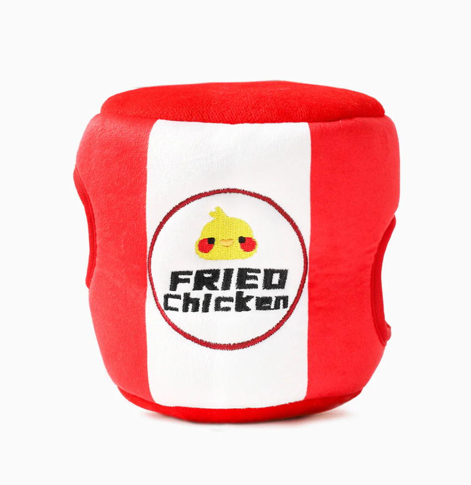 Hugsmart Food Party Fried Chicken dog toy bucket on a white background