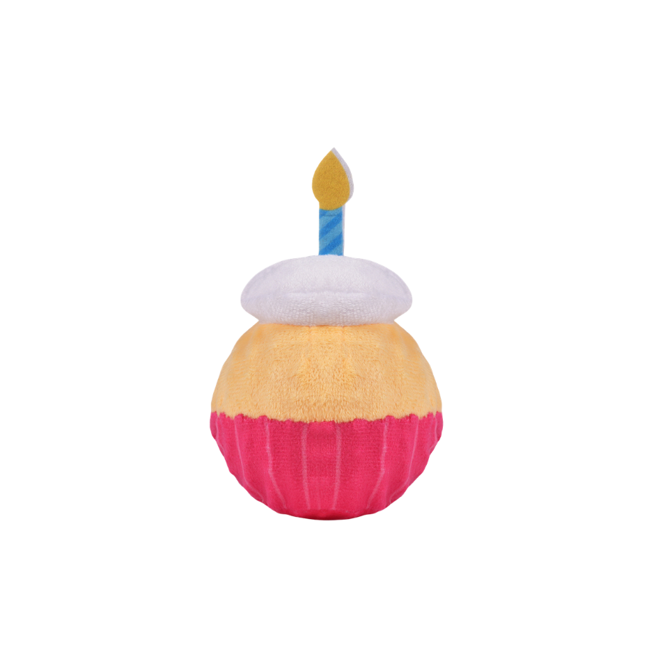 Back of Hugsmart Yappy Birthday Super Ball Cupcake dog toy showing plush cupcake exterior and candle detail