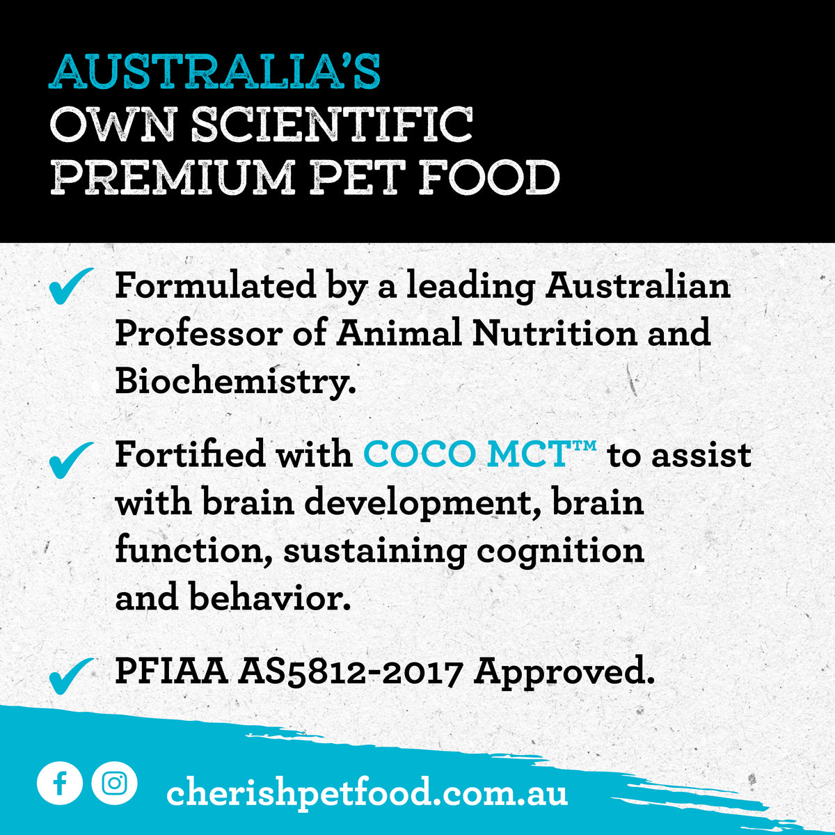 Info about Cherish Dog Food detailing Australia's own scientific premium pet food with text about formulation and ingredients.
