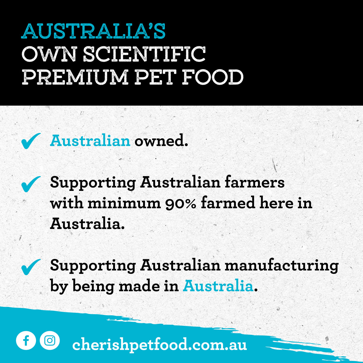Info about Cherish Dog Food detailing Australia's own scientific premium pet food with text about formulation and ingredients.