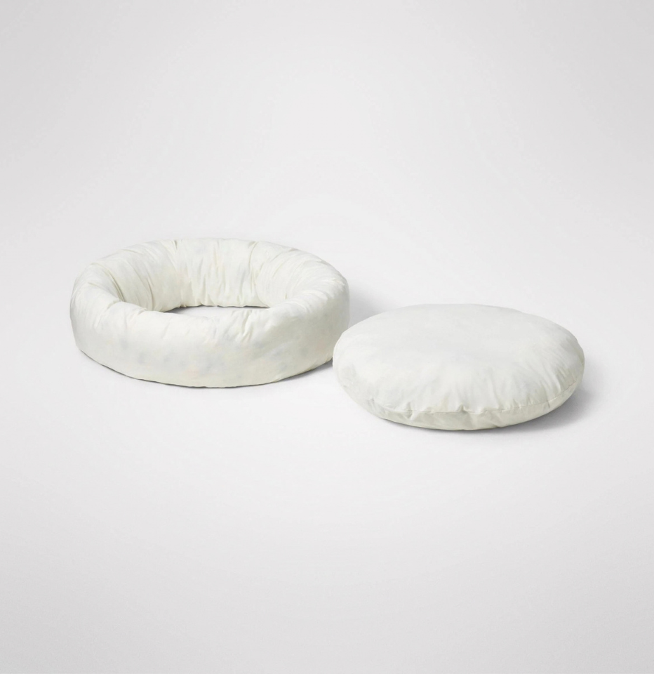 MiniJumbuk Sleep Calm Oasis Wool Dog Bed inserts, donut-shaped bolster and round base cushion shown without cover, on light grey studio background