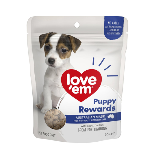 A 200g stand-up pouch of Love 'em Puppy Rewards dog treats, featuring a photo of a small puppy on the front. 