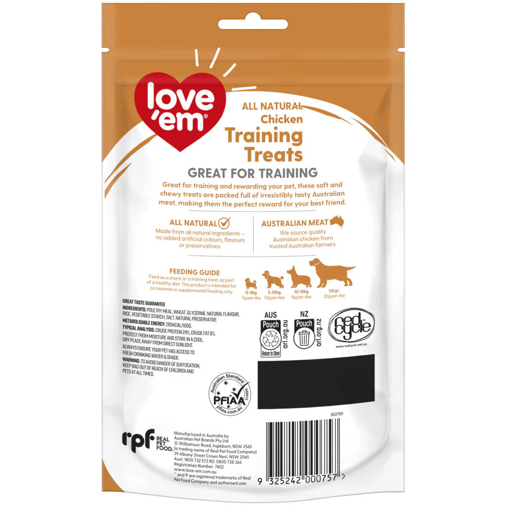 The back of a Love' em All Natural Chicken Training Treats for dogs package on a white background