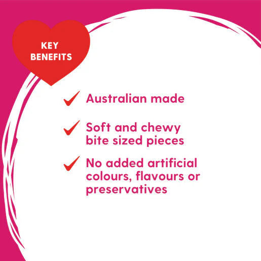 Key benefits of Love'em dog treats on a pink and white background