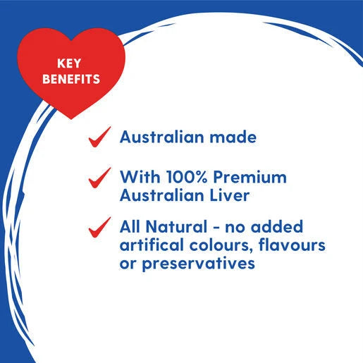 A promotional graphic about Love' em dog treats with a blue and white background, a red heart label reading 'KEY BENEFITS,' and three bullet points in blue text: 'Australian made,' 'With 100% Premium Australian Liver,' and 'All Natural - no added artificial colours, flavours or preservatives.'.