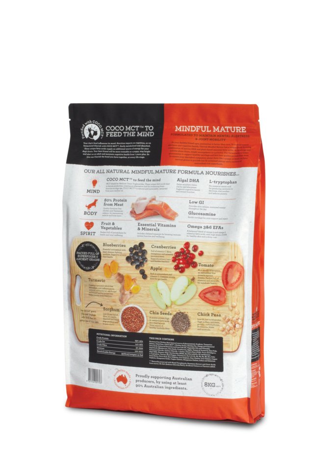 The pack side of Cherish Mature Dog Food package with a white and red design on a white background