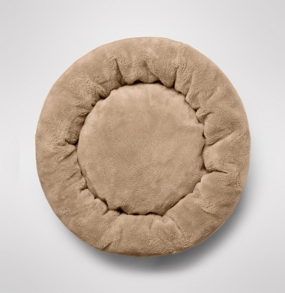 Top of MiniJumbuk Sleep Calm Oasis Wool Dog Bed – Fawn in a white background