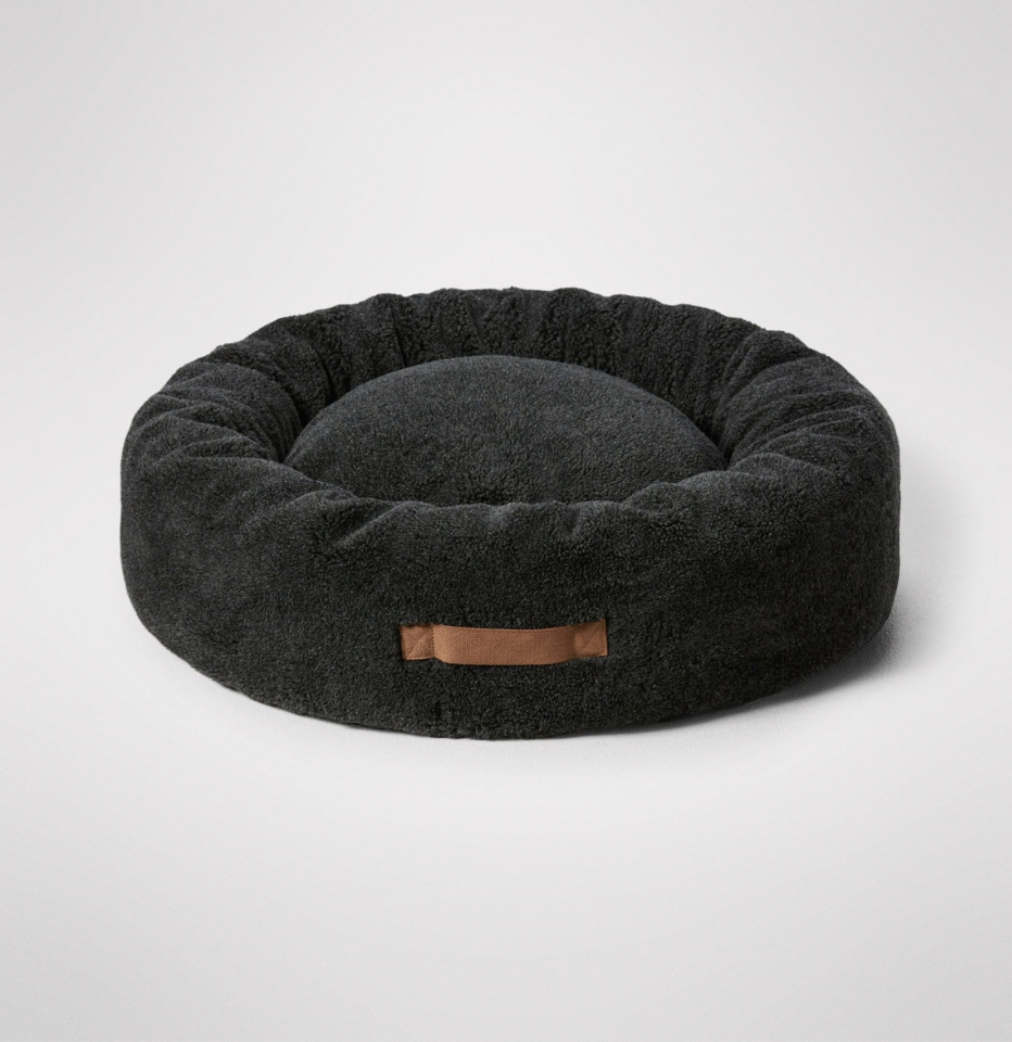 MiniJumbuk Sleep Calm Oasis Wool Dog Bed in storm grey in a white background