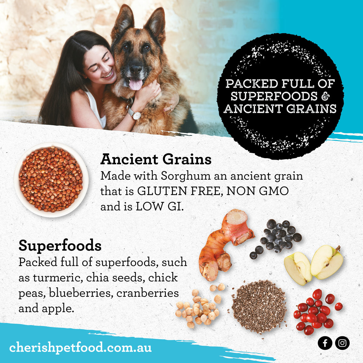 Nutrition info for Cherish Dog Food with a woman and dog, highlighting ancient grains and superfoods.