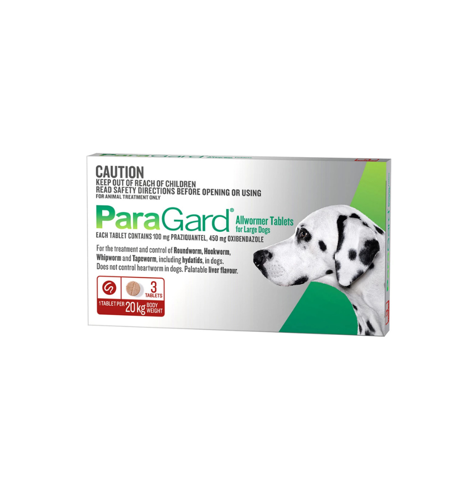 A box of ParaGard Allwormer Tablets for large dogs (20 kg), featuring a white and green design with a Dalmatian dog illustration on the front.