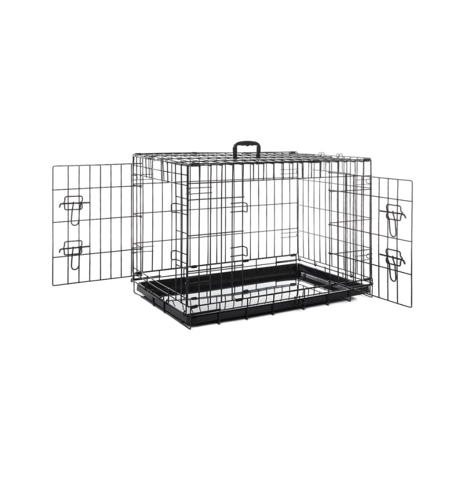 Royale collapsible wire dog crate with front and side doors open, black plastic floor tray. Photographed on a plain white background.