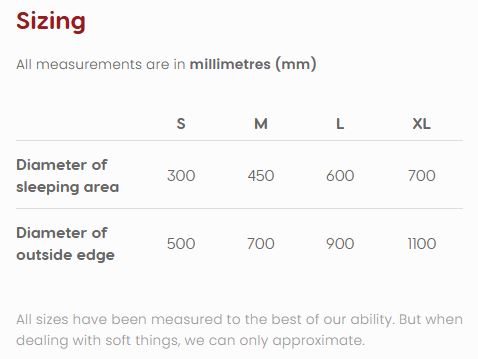 Size chart for Snooza Cuddler Chinchilla sleeping area diameter measurements in millimeters.