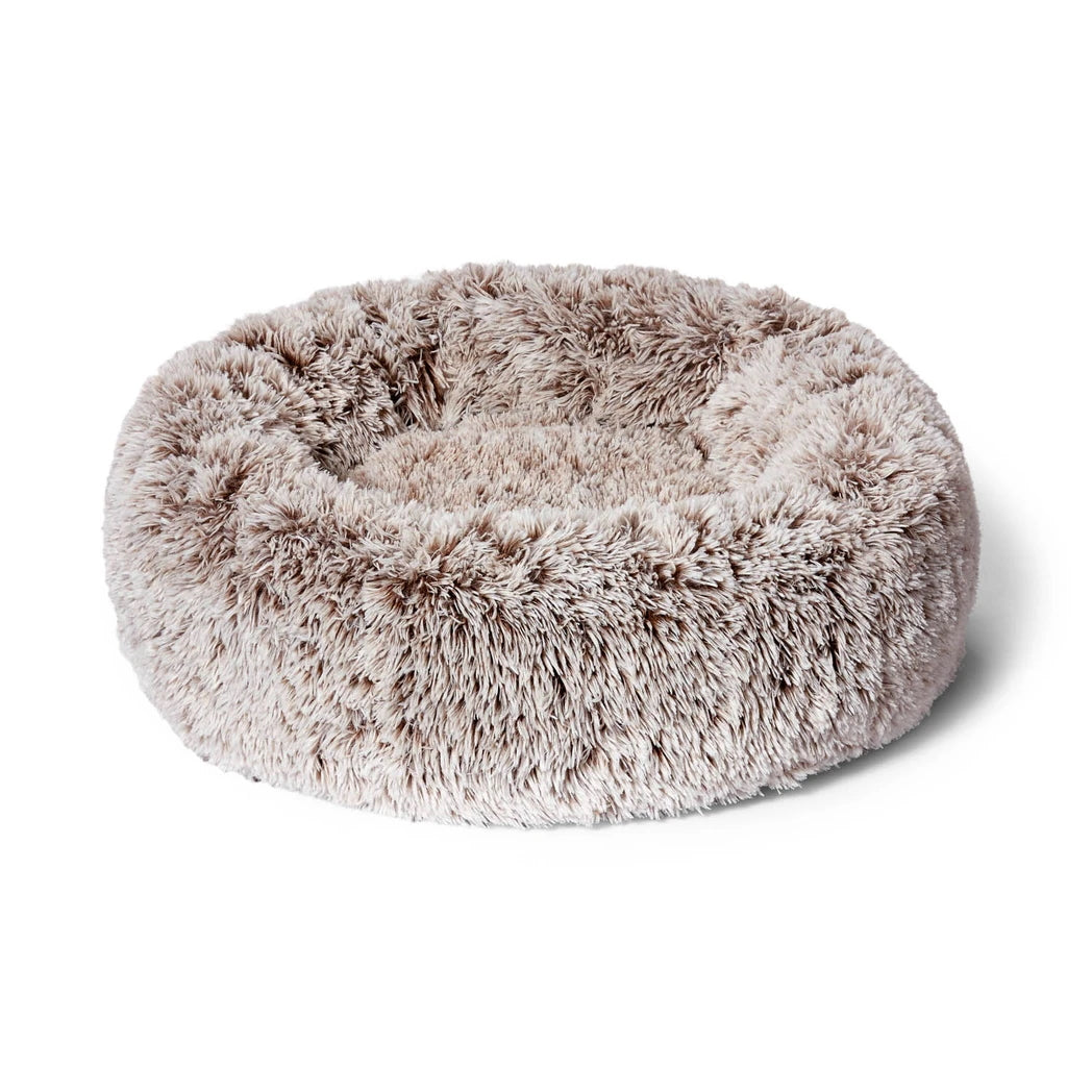 Fluffy Snooza Calming Dog Bed in Mink colour on a white background
