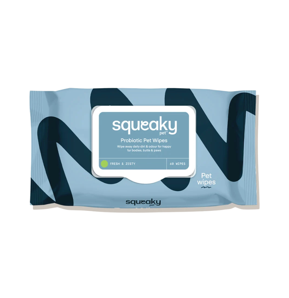 Squeaky Probiotic Dog Wipes scented packaging, fresh and zesty scent