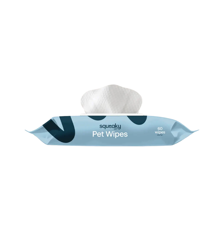 Squeaky Probiotic Dog Wipes packaging, available in 20 and 60 count