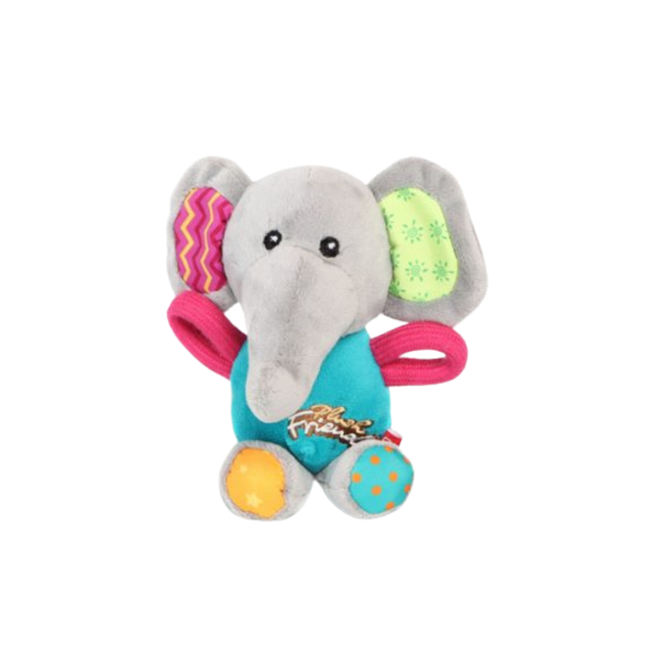 A plush elephant dog toy with a gray body, pink handles, a turquoise shirt, patterned ears, and yellow accents on a white background.