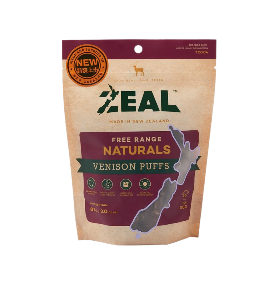 Zeal Free Range Naturals Venison Puffs - 85g package on a white background