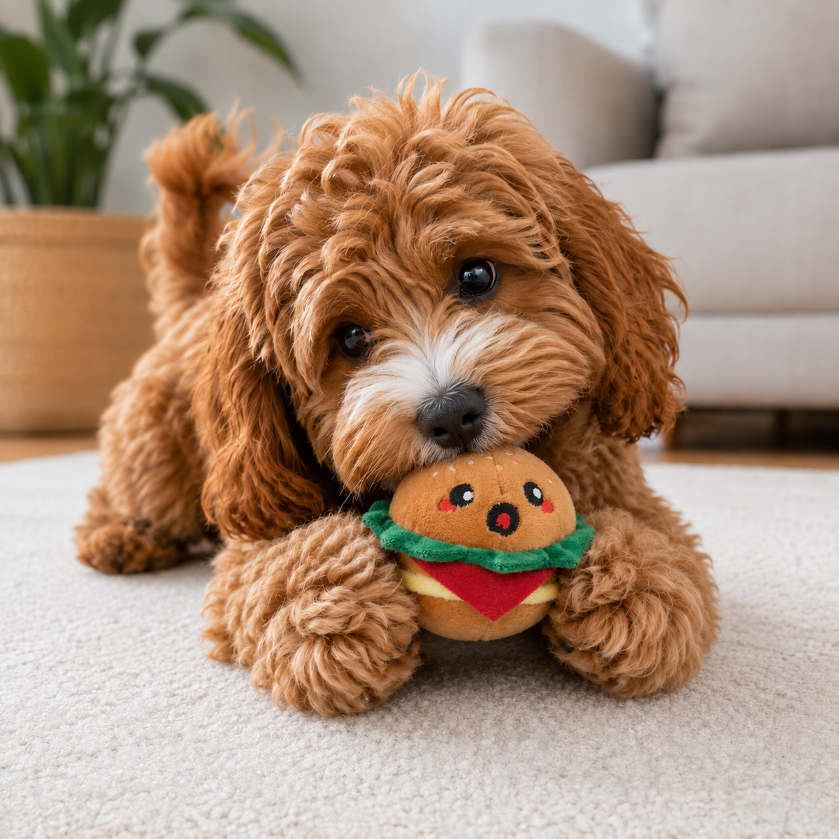 A brown curly-haired cavoodle lying on a light floor and holding a plush toy shaped like a hamburger in its mouth. 