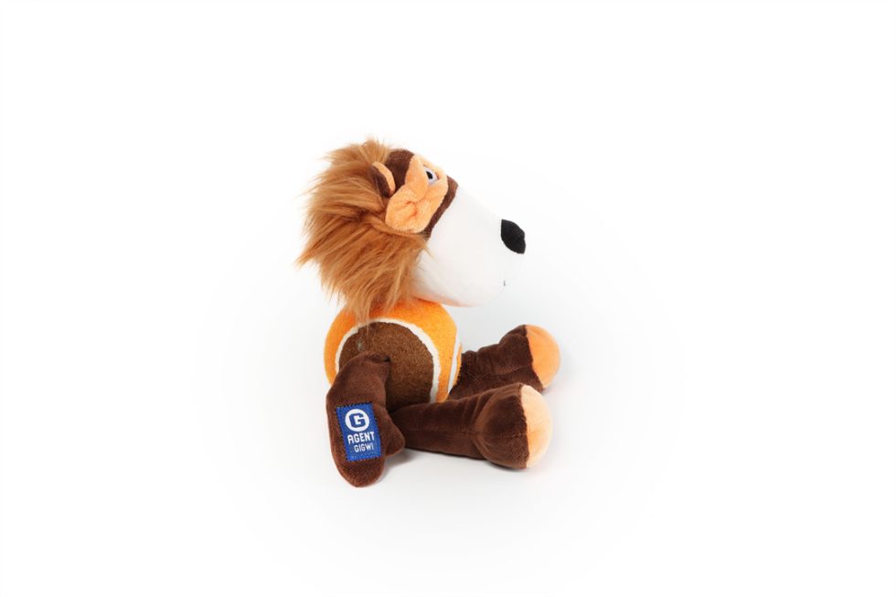 Plush squeaker dog lion toy with a visible Gigwi brand logo on a white background