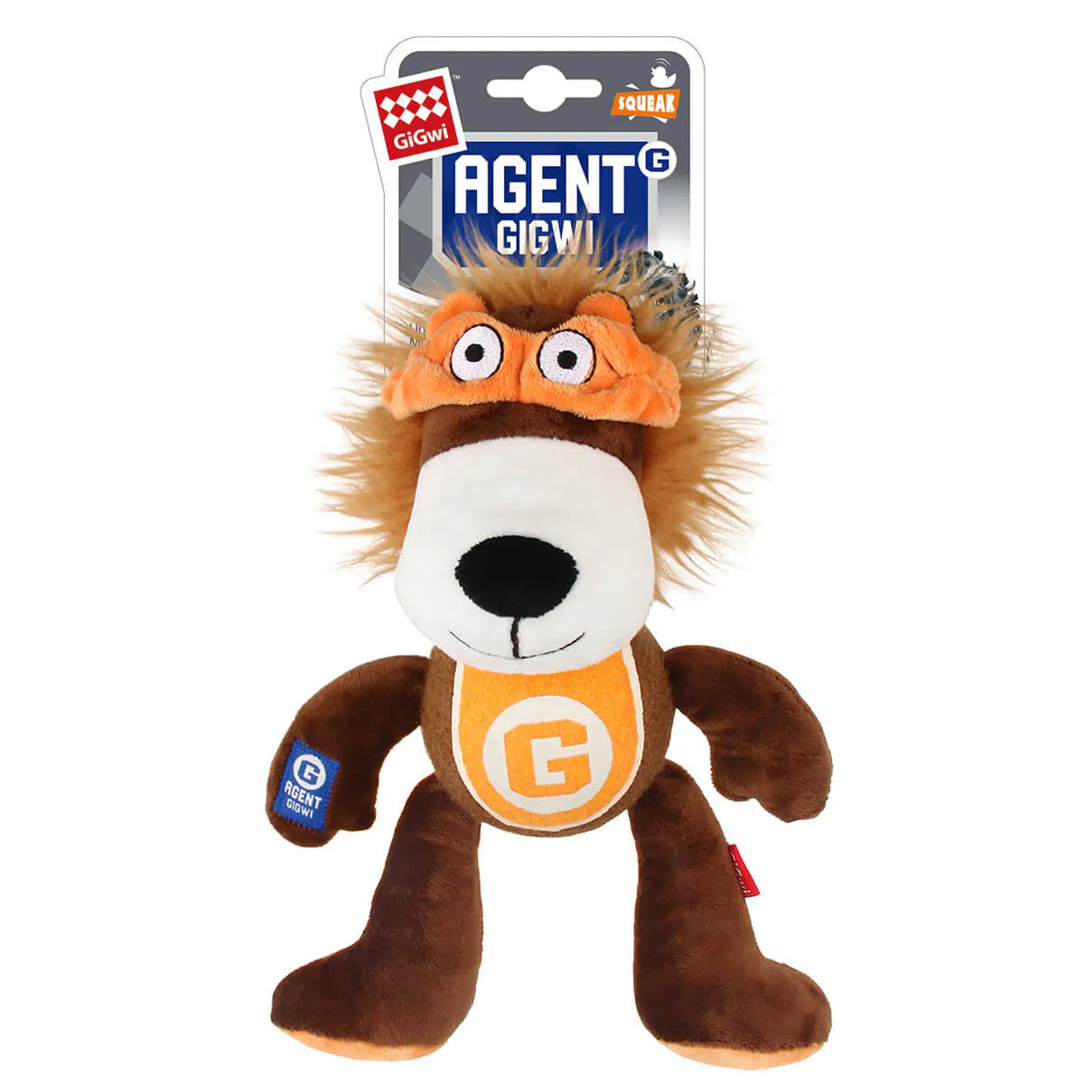 Plush dog toy lion with orange headband and 'GiGwi' logo on a white background