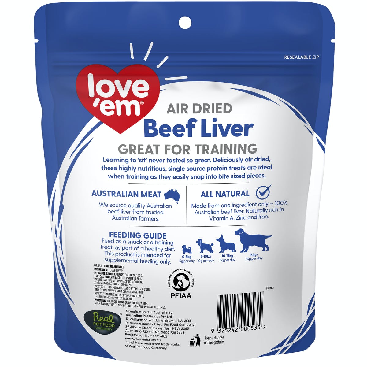 The back side of a love 'em air dried beef liver treats for dogs package with blue and white design.