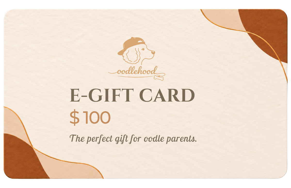 A $100 oodlehood e-gift card with a cream background, brown and tan abstract corner shapes, and the oodlehood dog logo at the top center.