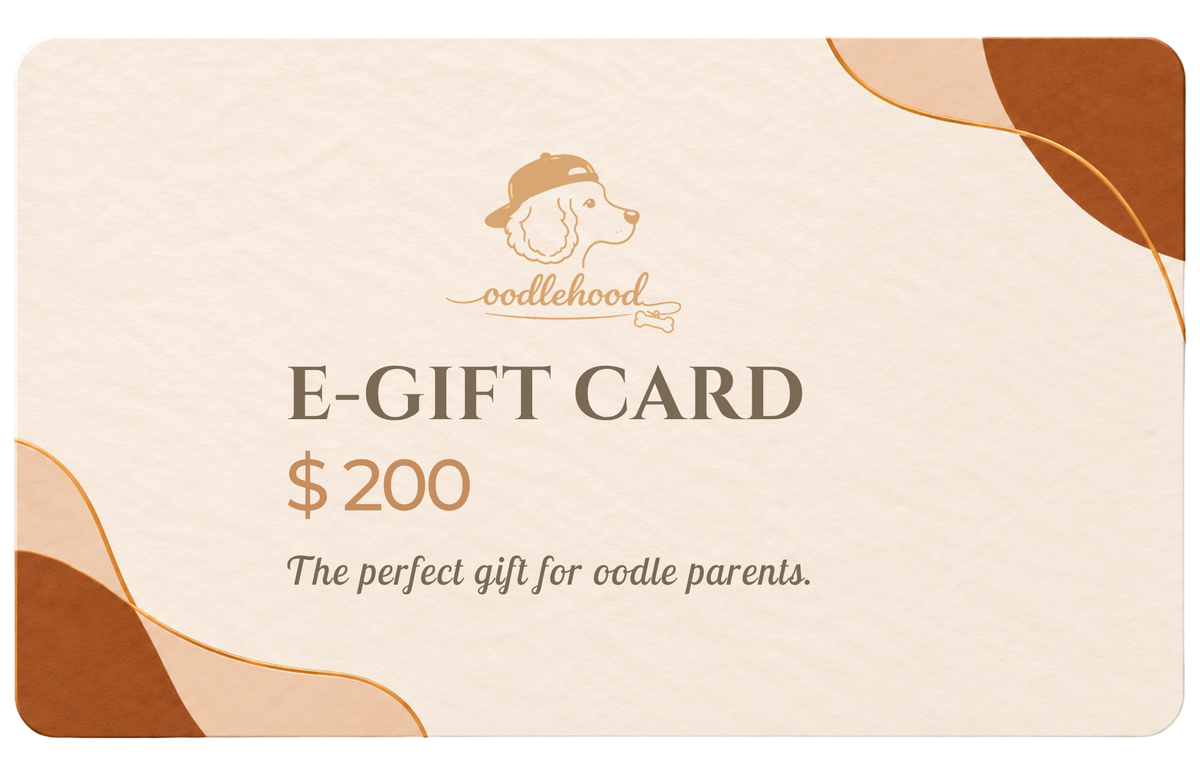 A $200 oodlehood e-gift card with a cream background, brown and tan abstract corner accents, and the oodlehood dog logo at the top center.