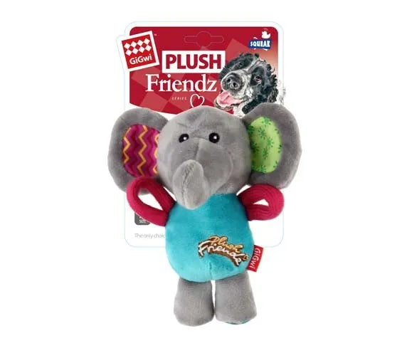 Plush elephant dog toy with colourful accents and packaging on a white background